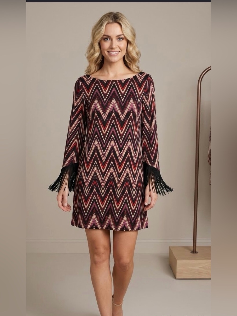 uncle frank NWT Chevron Dress, Multicolored Mini with Fringed Sleeves, Size XS